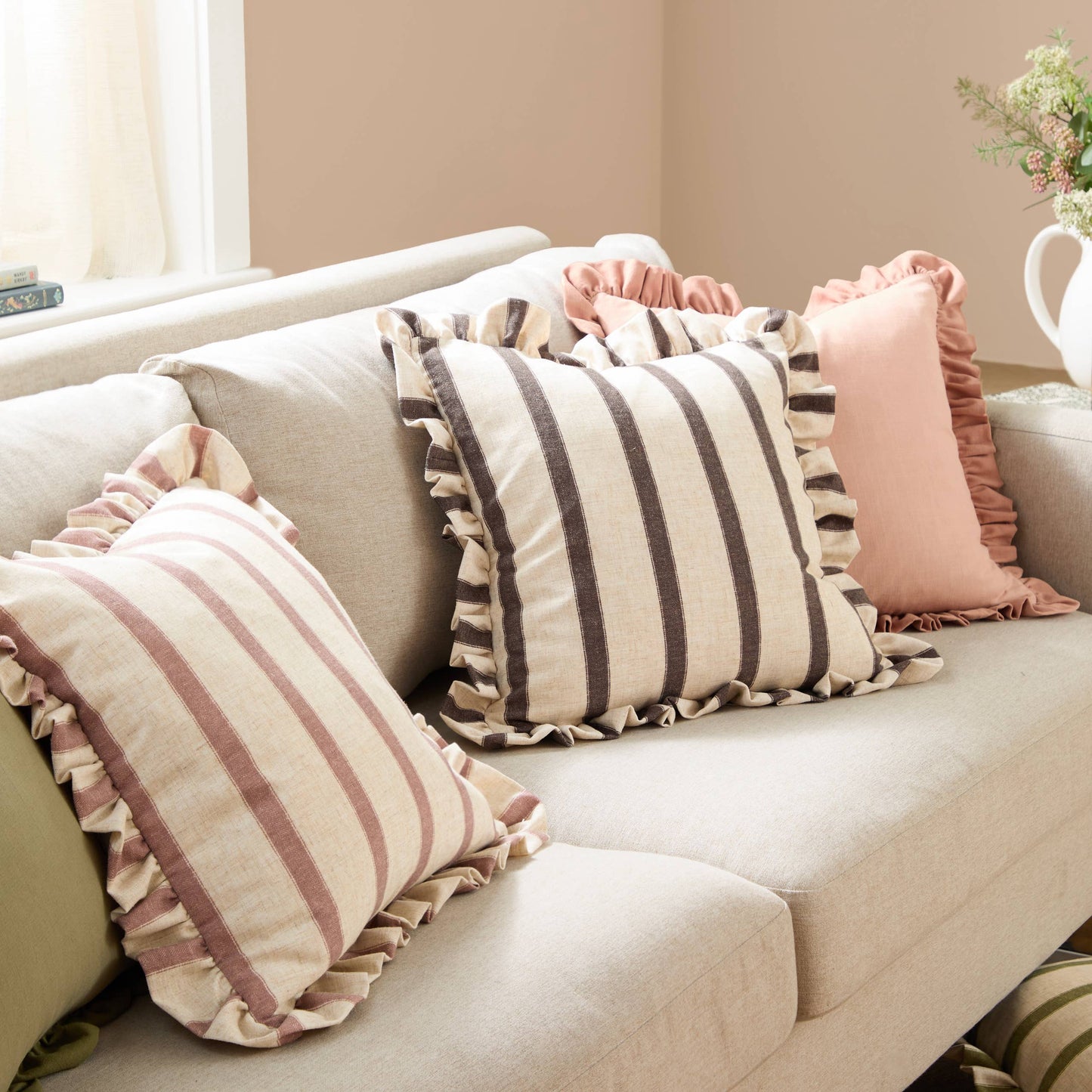 Connie Square Striped Ruffle Cushion Clay Pink: Clay Pink / Polyester Filled / 45 x 45cm