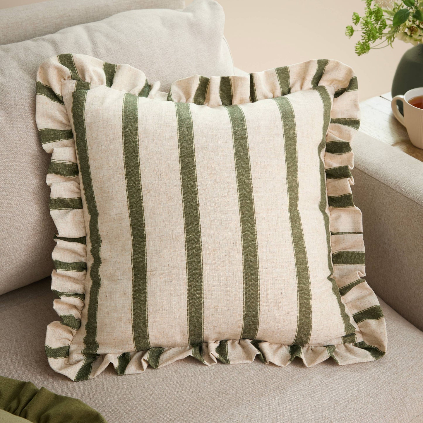 Connie Square Striped Ruffle Cushion Moss: Moss / Polyester Filled / 45 x 45cm