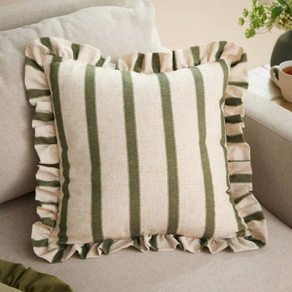Connie Square Striped Ruffle Cushion Moss: Moss / Polyester Filled / 45 x 45cm