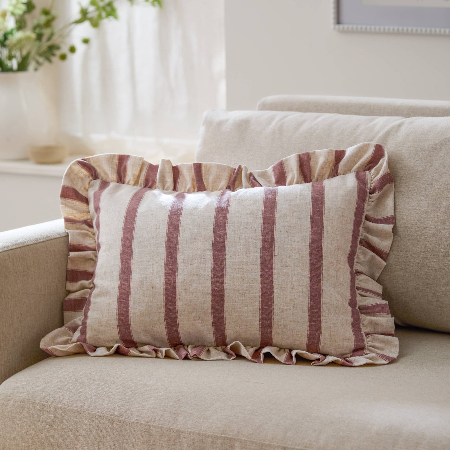 Connie Striped Ruffle Cushion Clay Pink: Clay Pink / Polyester Filled / 35 x 50cm