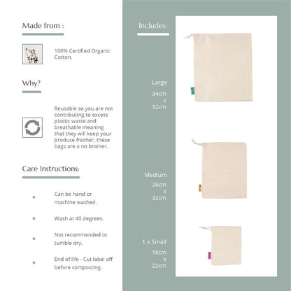 Reusable Produce Bags - Organic Cotton - Pack of 3